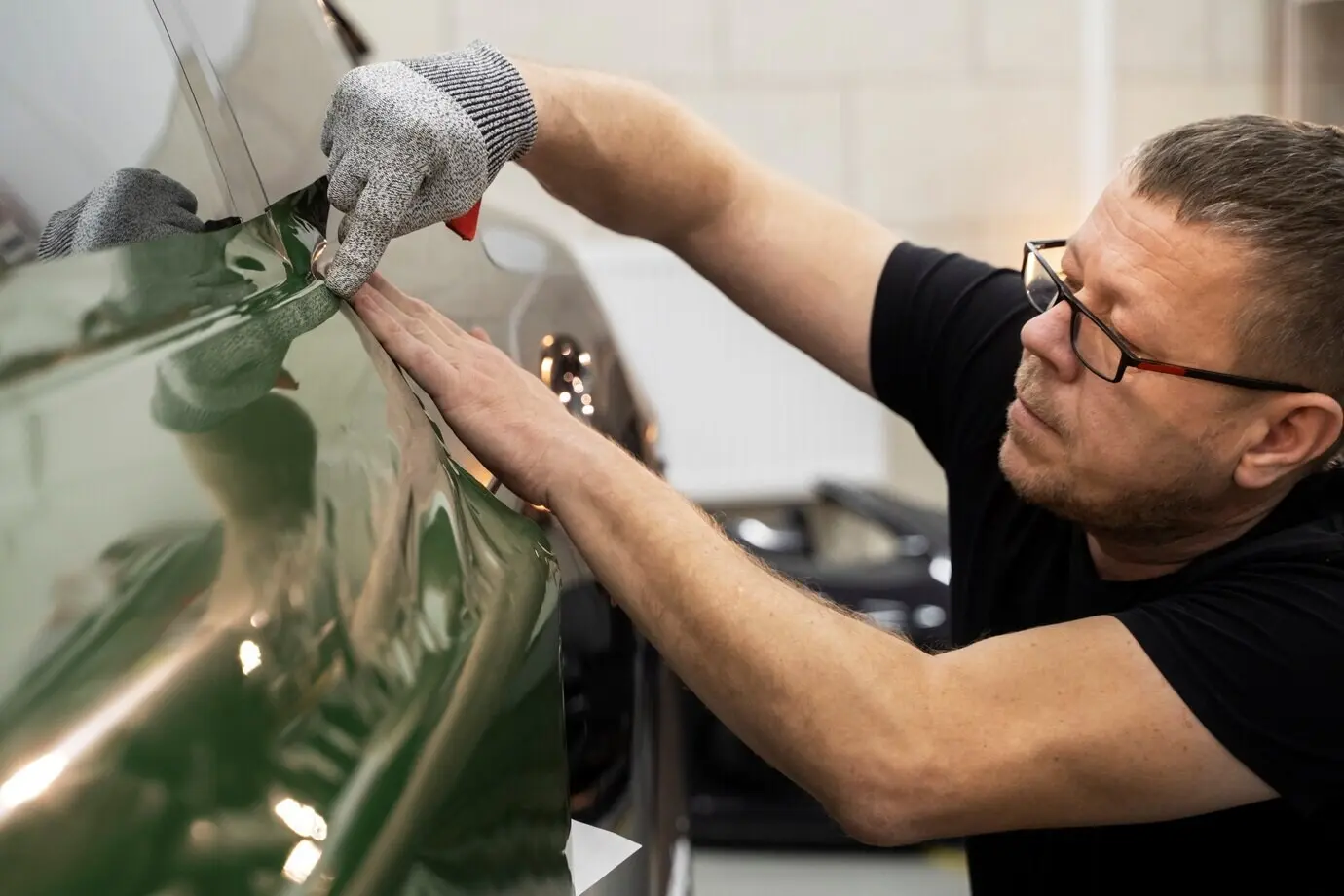 Человек, занимающийся оклейкой автомобиля